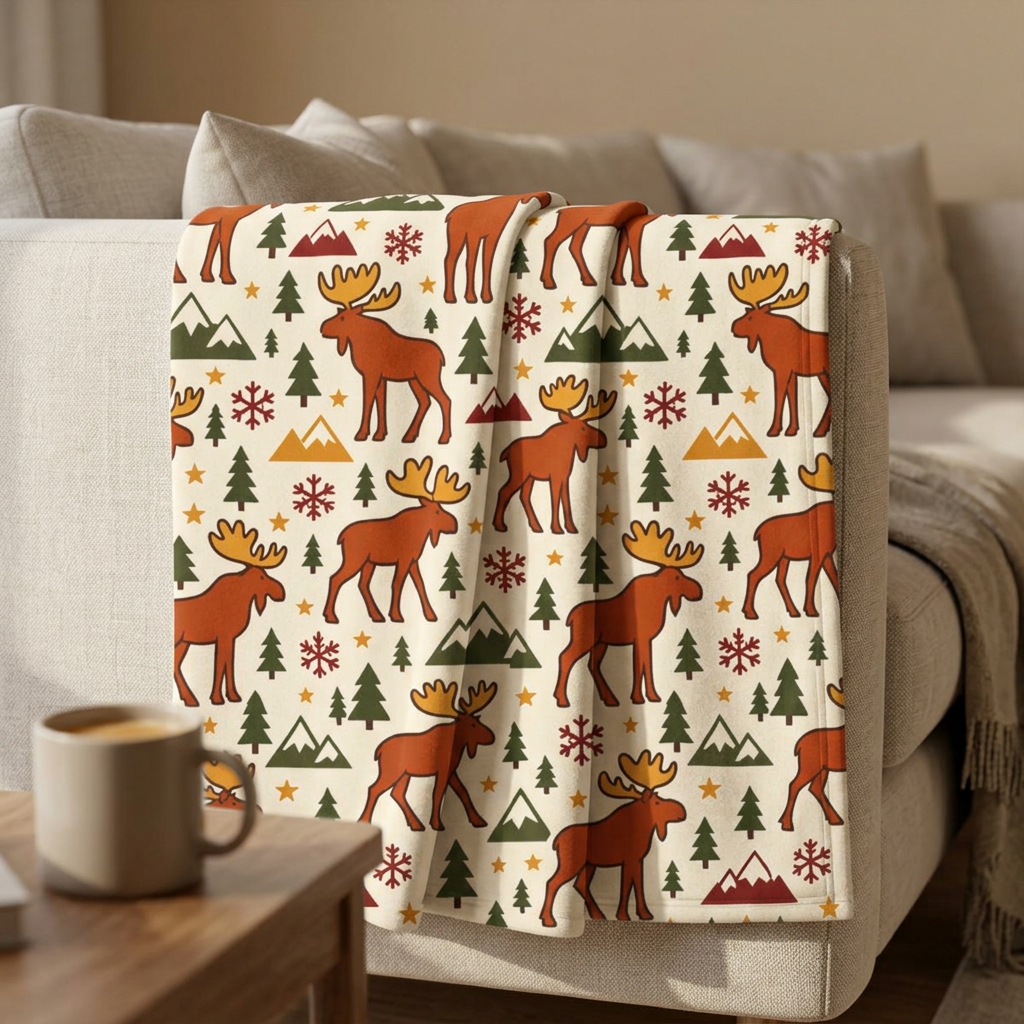 Moose Pattern Velveteen Plush Blanket – Cozy Cabin Holiday Throw