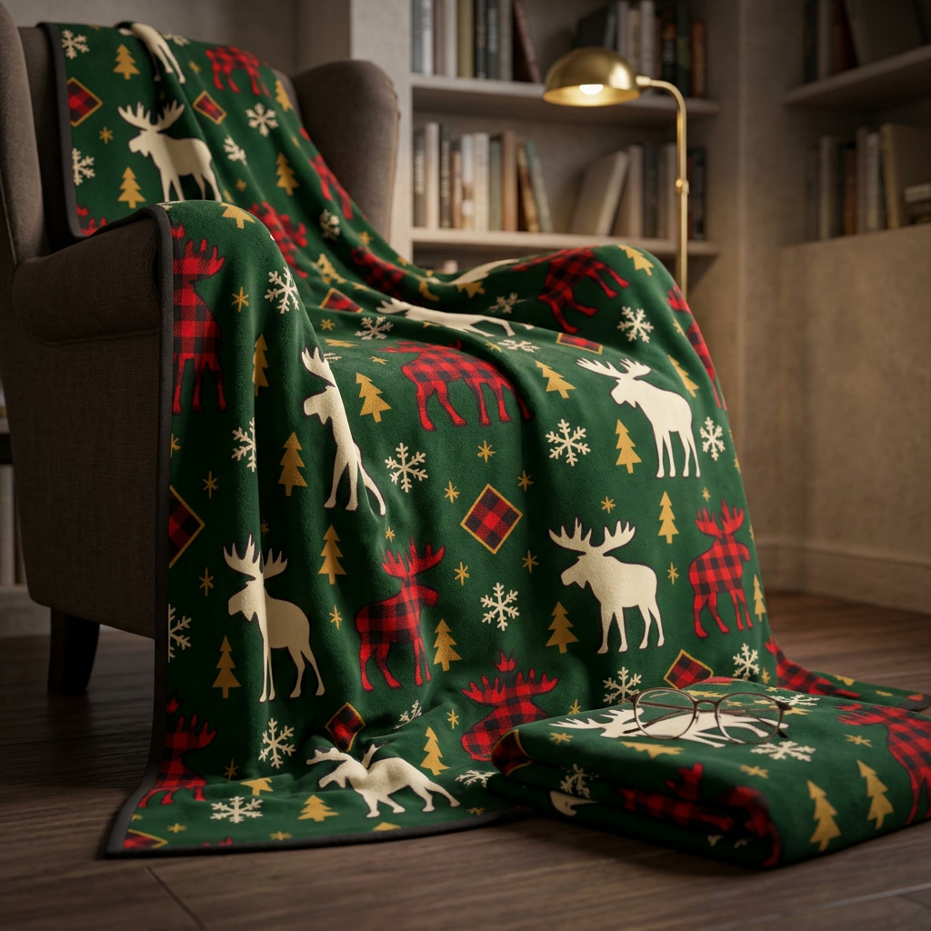 Christmas Moose Plush Blanket – Green Buffalo Plaid Holiday Throw