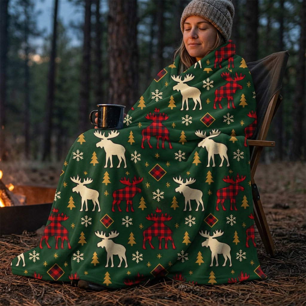 Christmas Moose Plush Blanket – Green Buffalo Plaid Holiday Throw