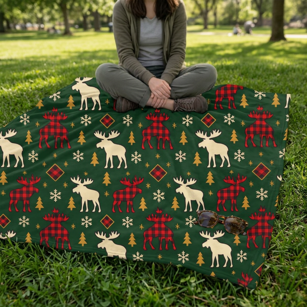 Christmas Moose Plush Blanket – Green Buffalo Plaid Holiday Throw