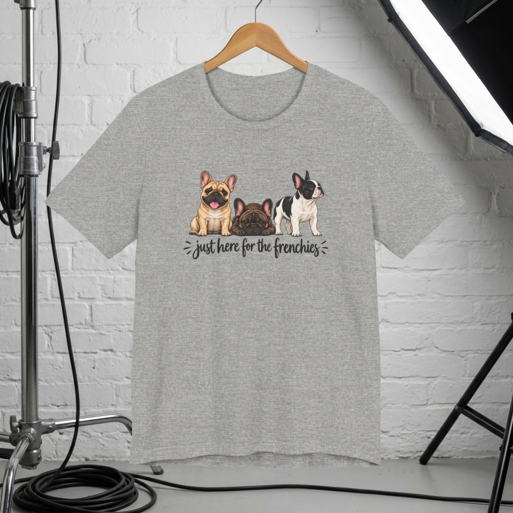 French Bulldog Tee — "Just Here for the Frenchies" Cute Dog Lover T-Shirt