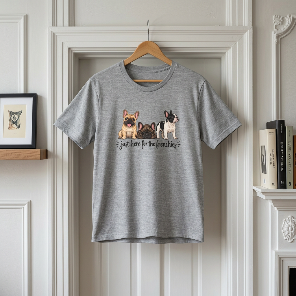 French Bulldog Tee — "Just Here for the Frenchies" Cute Dog Lover T-Shirt
