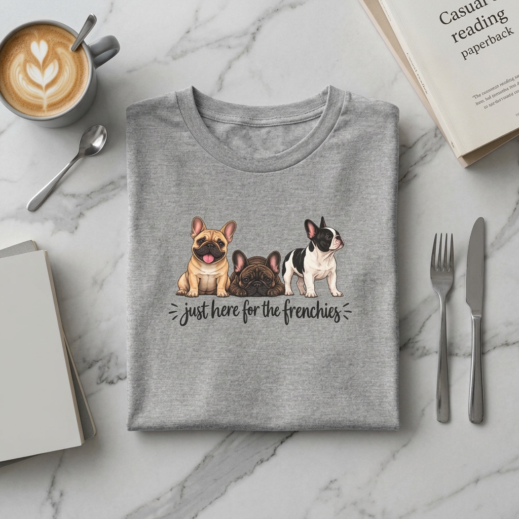 French Bulldog Tee — "Just Here for the Frenchies" Cute Dog Lover T-Shirt