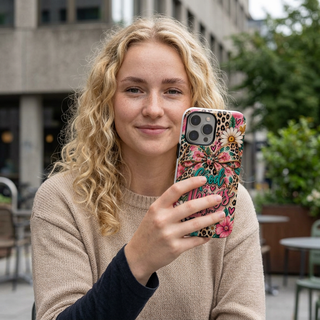 Slim Phone Case — "Good Things Take Time" Floral Leopard Bow Design