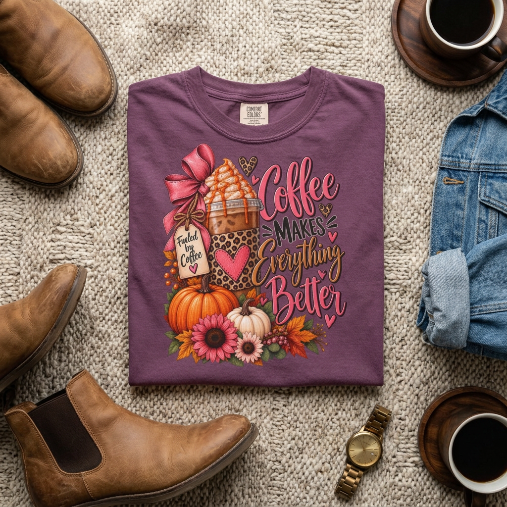 Coffee Makes Everything Better T-Shirt — Fall Pumpkin Spice Coffee Graphic Tee