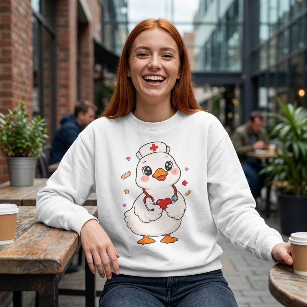 Nurse Duck Sweatshirt — Cute Medical Heart Stethoscope Crewneck