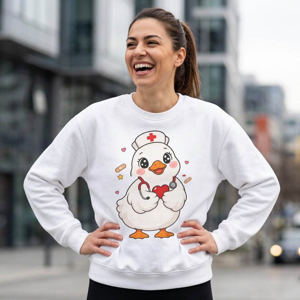 Nurse Duck Sweatshirt — Cute Medical Heart Stethoscope Crewneck