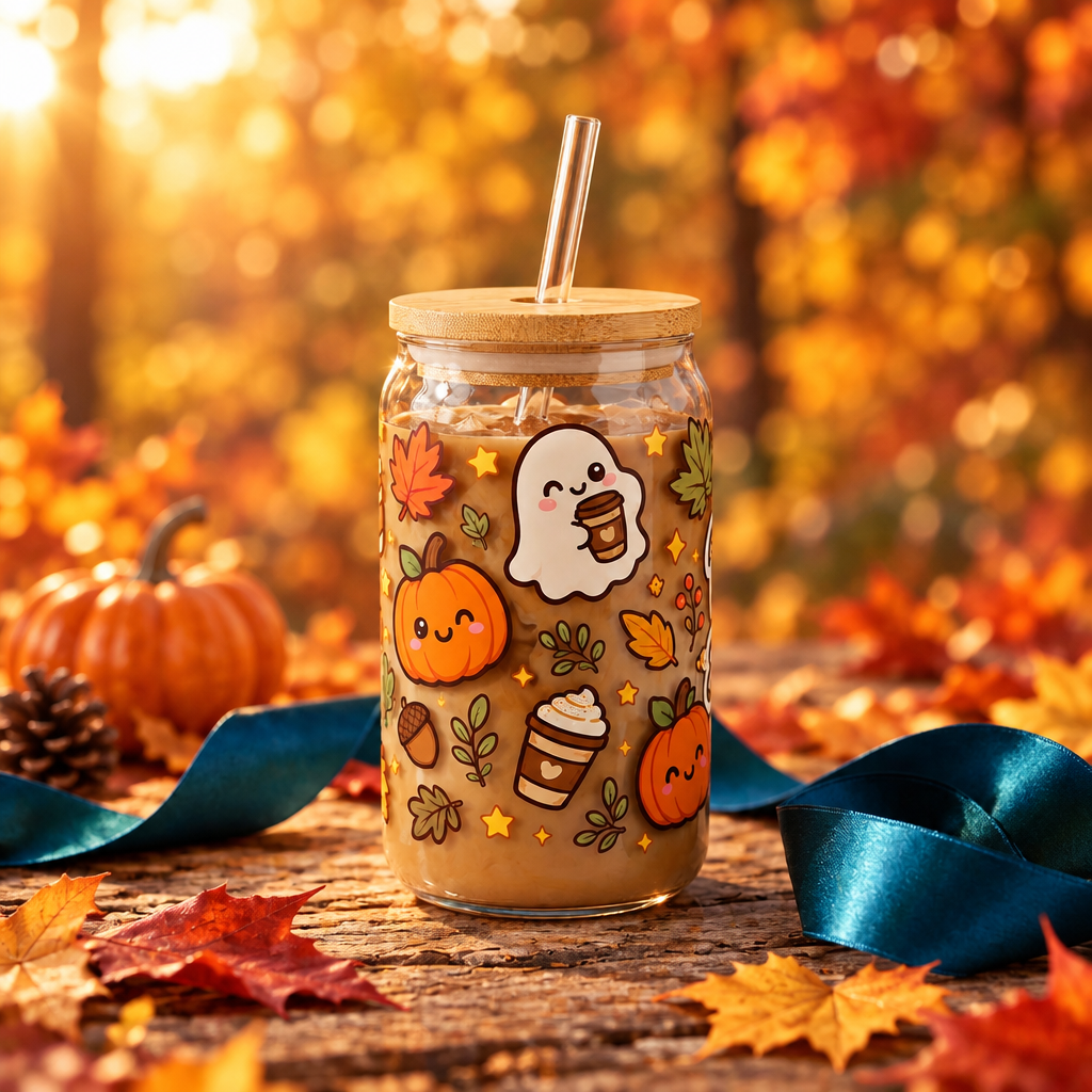 A clear glass jar tumbler with a bamboo lid and clear straw, decorated with cute autumn illustrations including pumpkins, a ghost, leaves, and coffee cups. The tumbler is filled with a light brown iced coffee and sits on a white marble surface with a dark blue satin ribbon against a dark blue background.