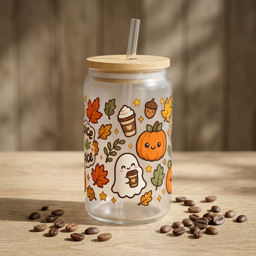 16oz Engraved Sipper Glass — Fall Pumpkin & Ghost Pattern