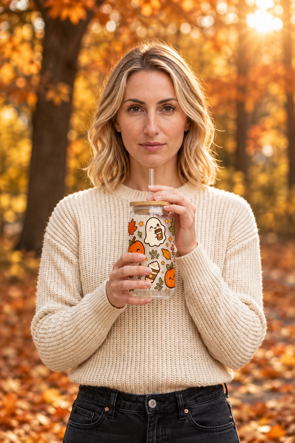16oz Engraved Sipper Glass — Fall Pumpkin & Ghost Pattern