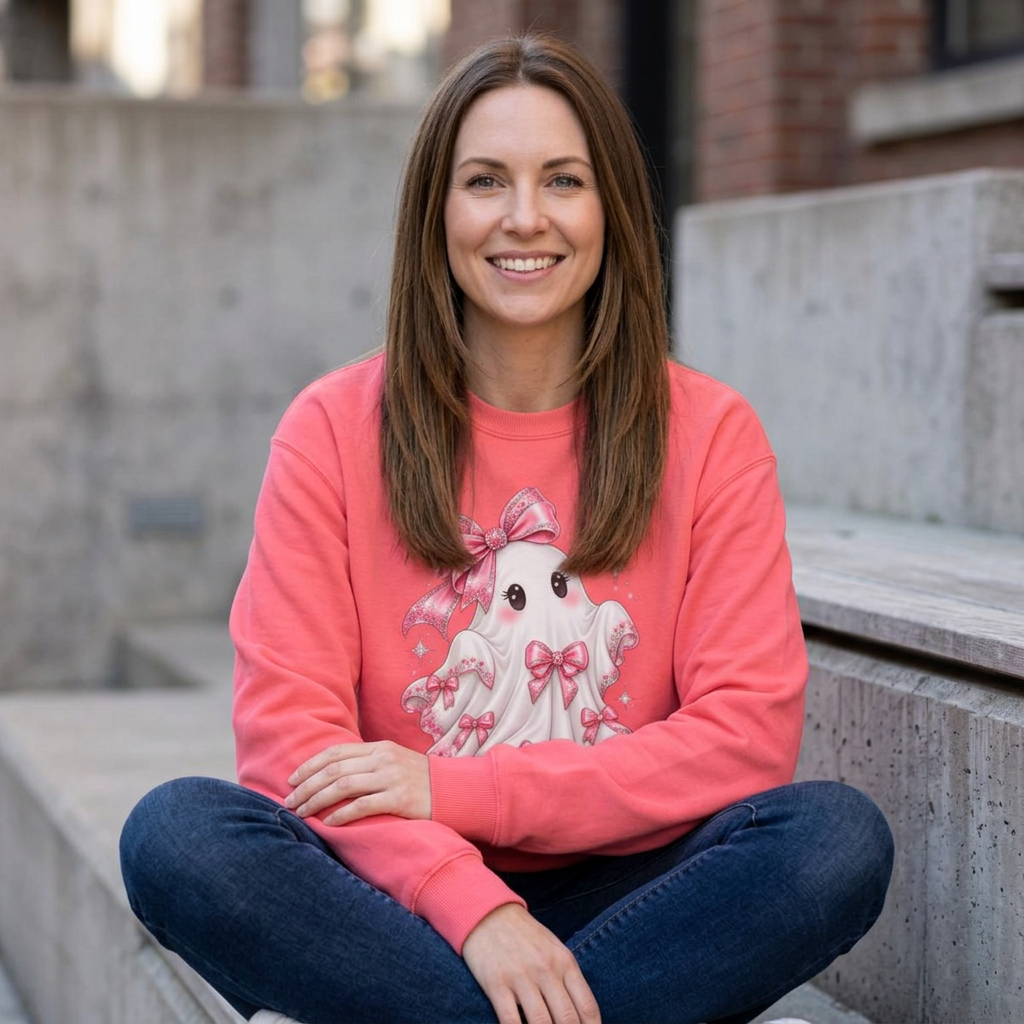 Cute Pink Bow Ghost Crewneck Sweatshirt