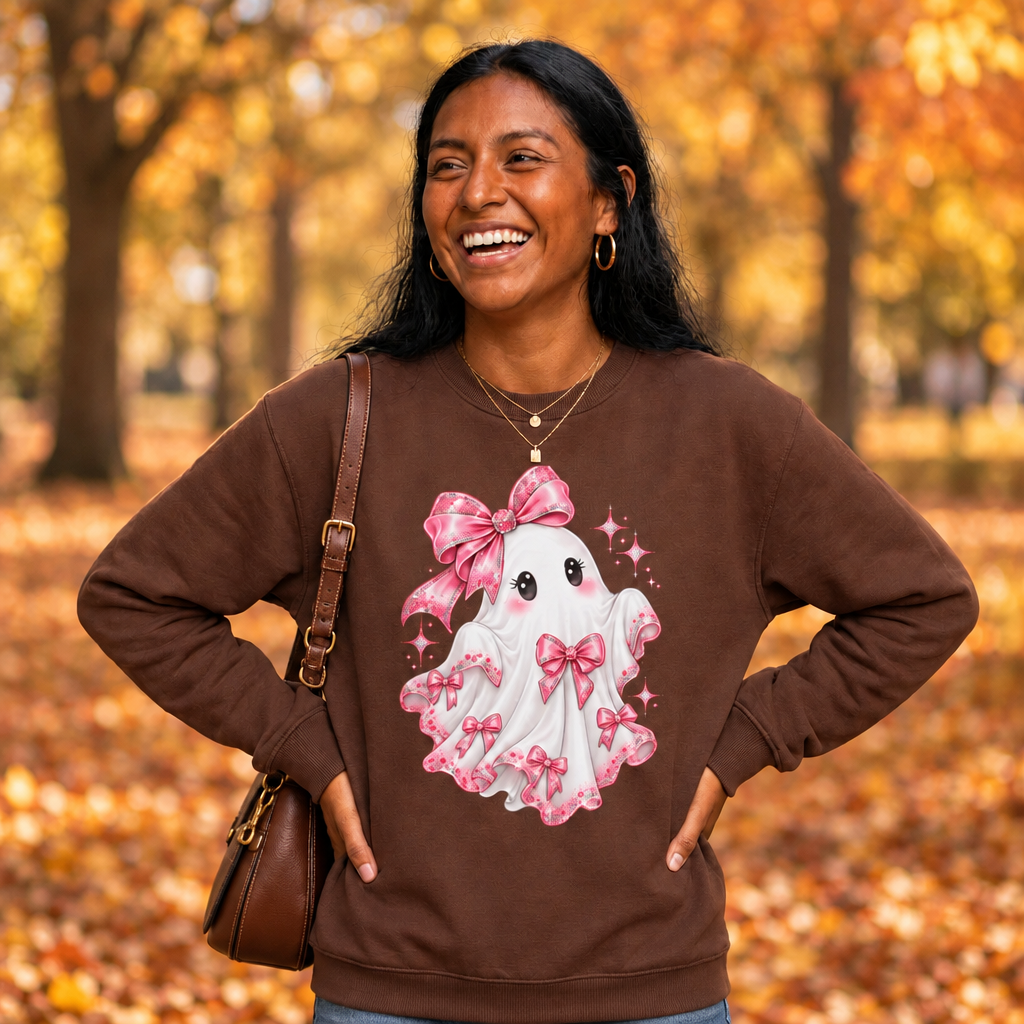 A woman smiling outdoors wearing a brown crewneck sweatshirt with a graphic of a cute white ghost wearing pink bows.