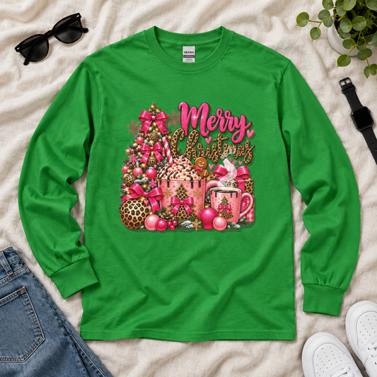 Merry Christmas Pink Leopard Holiday Long Sleeve T-Shirt
