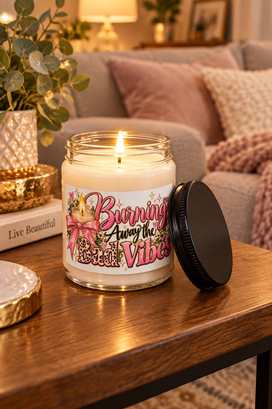 A white soy wax candle in a clear glass jar with a black screw-on lid leaning against it. The front label reads 'Burning Away the Bad Vibes.l