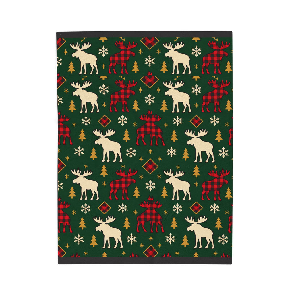 Christmas Moose Plush Blanket – Green Buffalo Plaid Holiday Throw