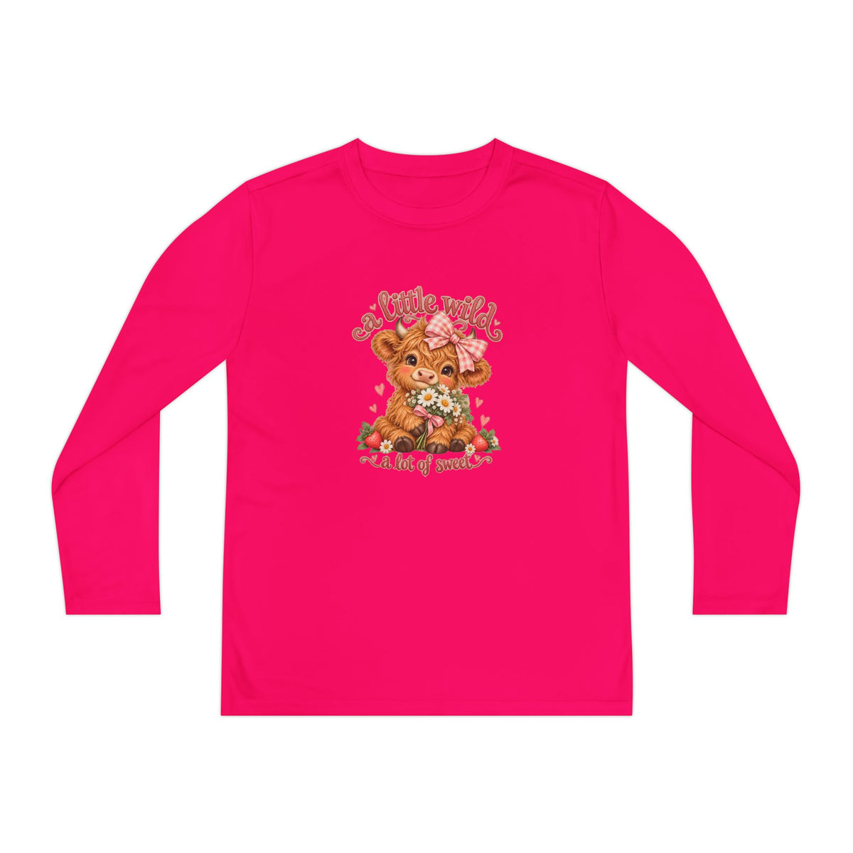Youth Long Sleeve Tee — 'A Little Wild' Cute Highland Cow Floral Graphic