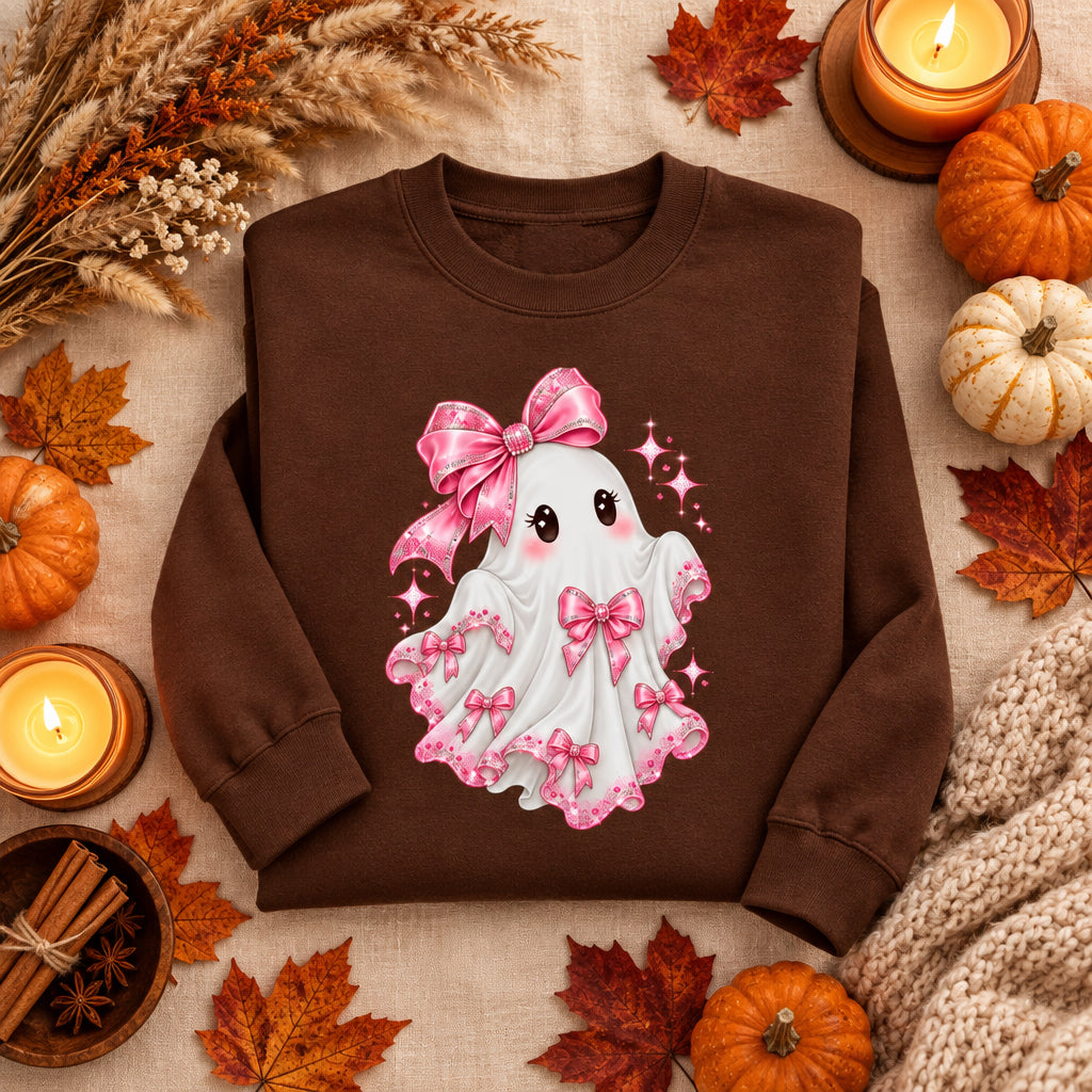 A brown crewneck sweatshirt featuring a cute cartoon ghost graphic on the chest. The ghost is white with pink bows, black eyes, and small pink sparkles, set against a plain white background.