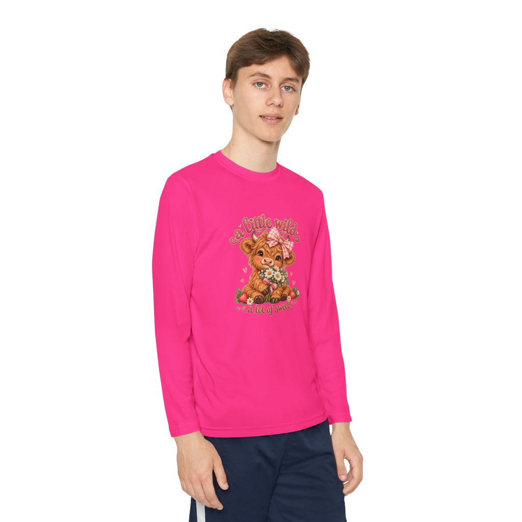 Youth Long Sleeve Tee — 'A Little Wild' Cute Highland Cow Floral Graphic