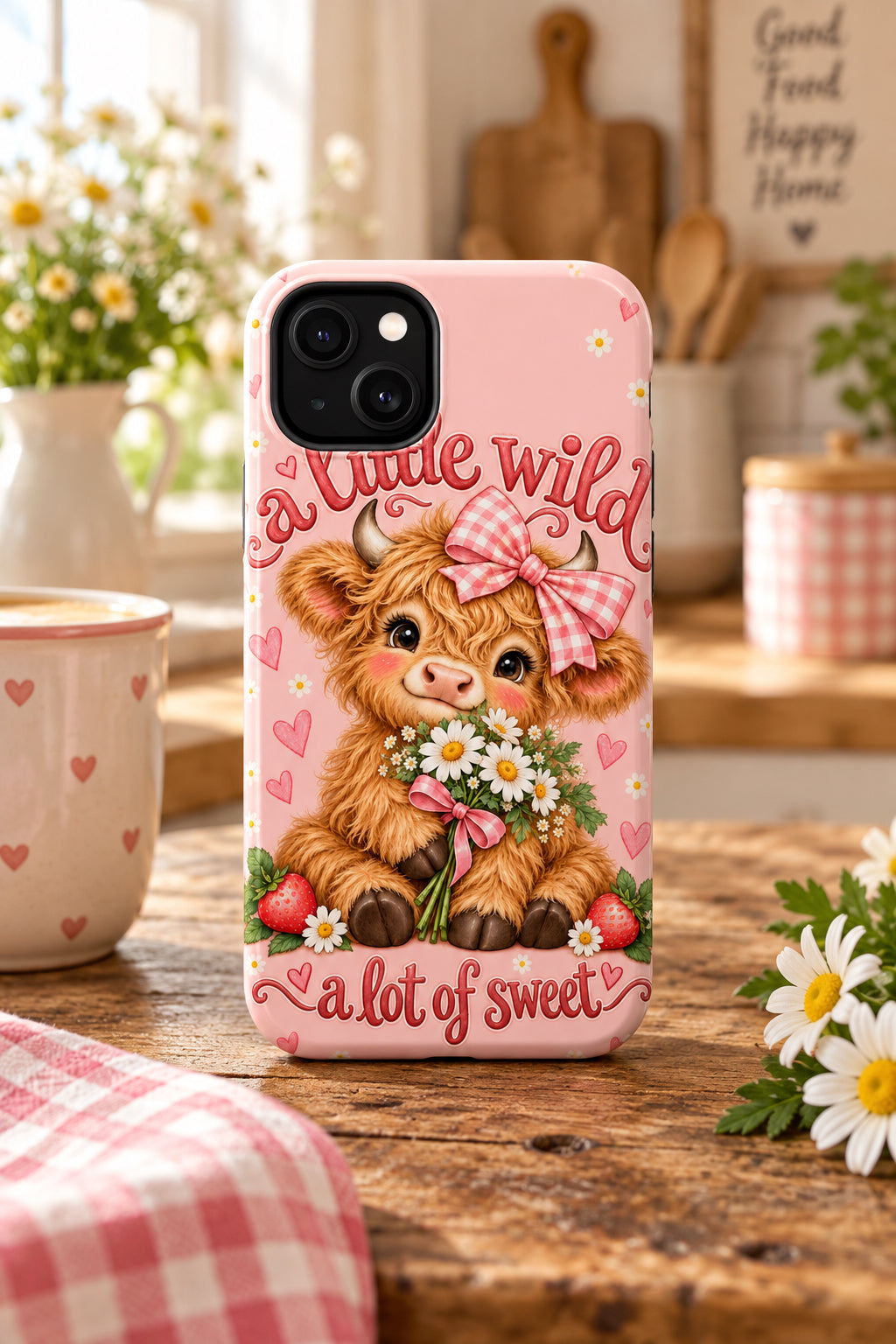 A pink phone case shown from the back and side, featuring a cute cartoon Highland cow holding daisies with the text 'a little wild a lot of sweet'.
