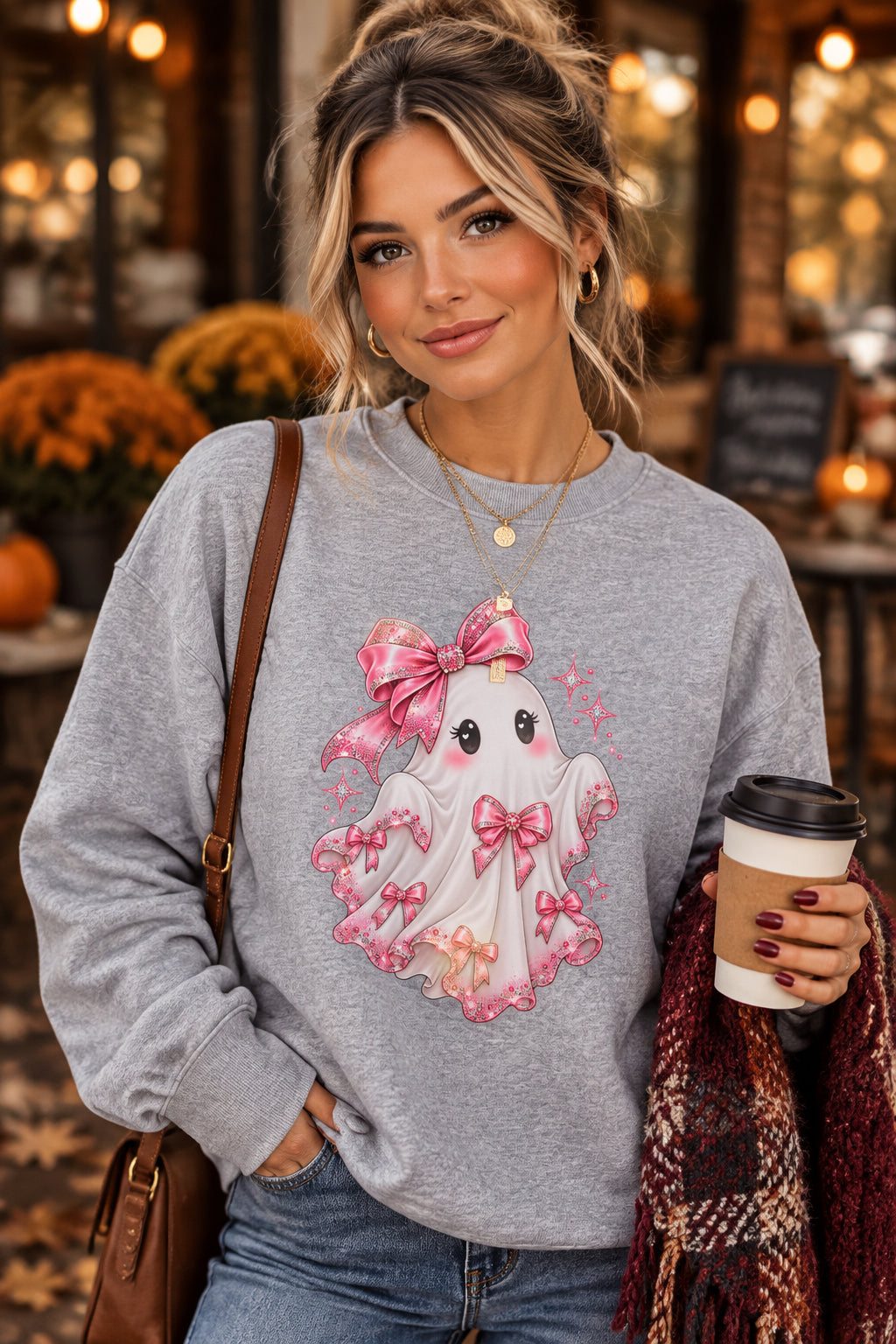 A heather gray crewneck sweatshirt featuring a cute cartoon ghost graphic on the front. The ghost is white with a pink bow, pink ruffles, and a small pink heart on its chest, set against a plain white background.