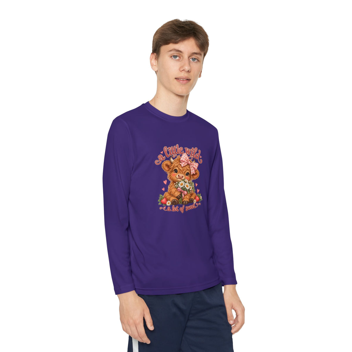 Youth Long Sleeve Tee — 'A Little Wild' Cute Highland Cow Floral Graphic