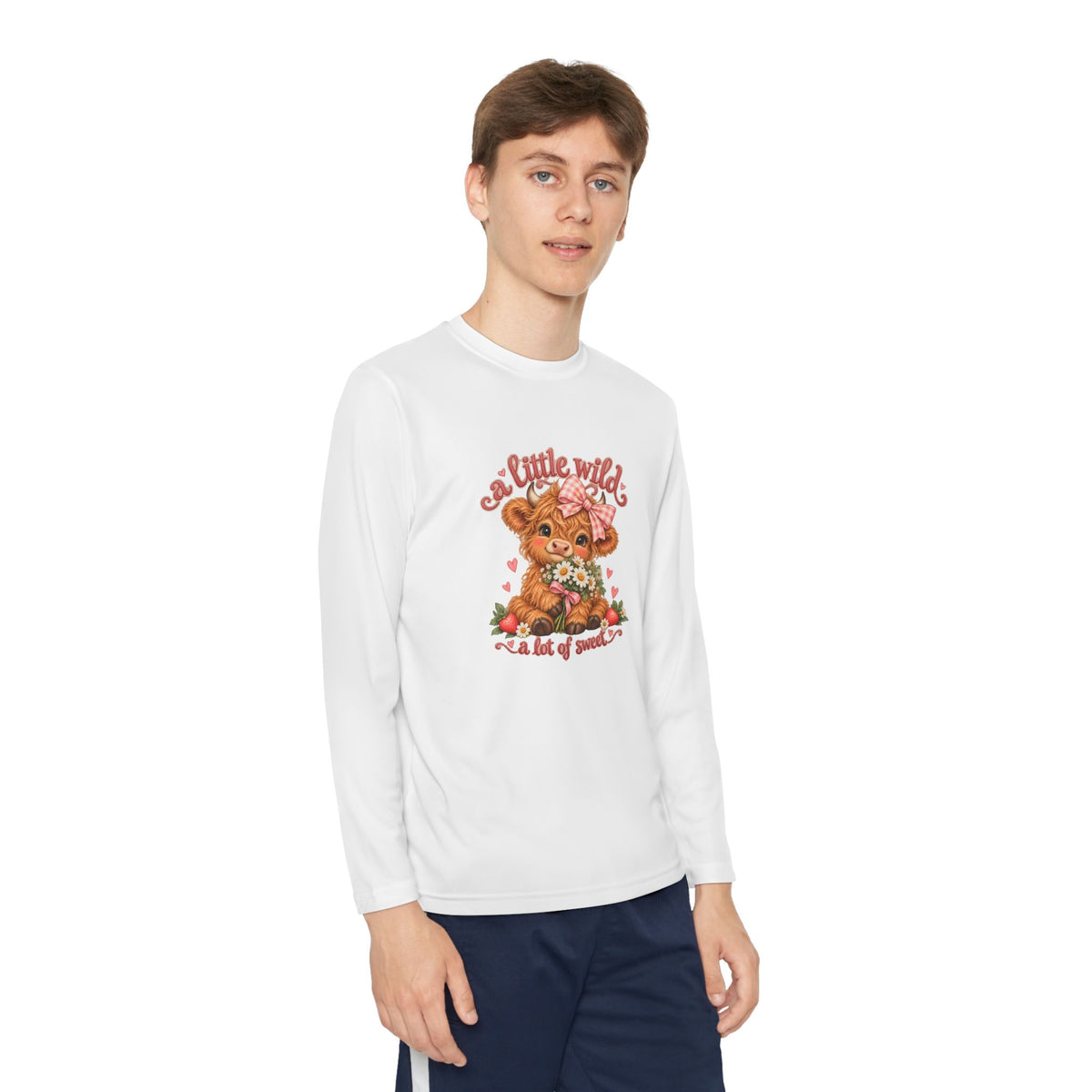 Youth Long Sleeve Tee — 'A Little Wild' Cute Highland Cow Floral Graphic