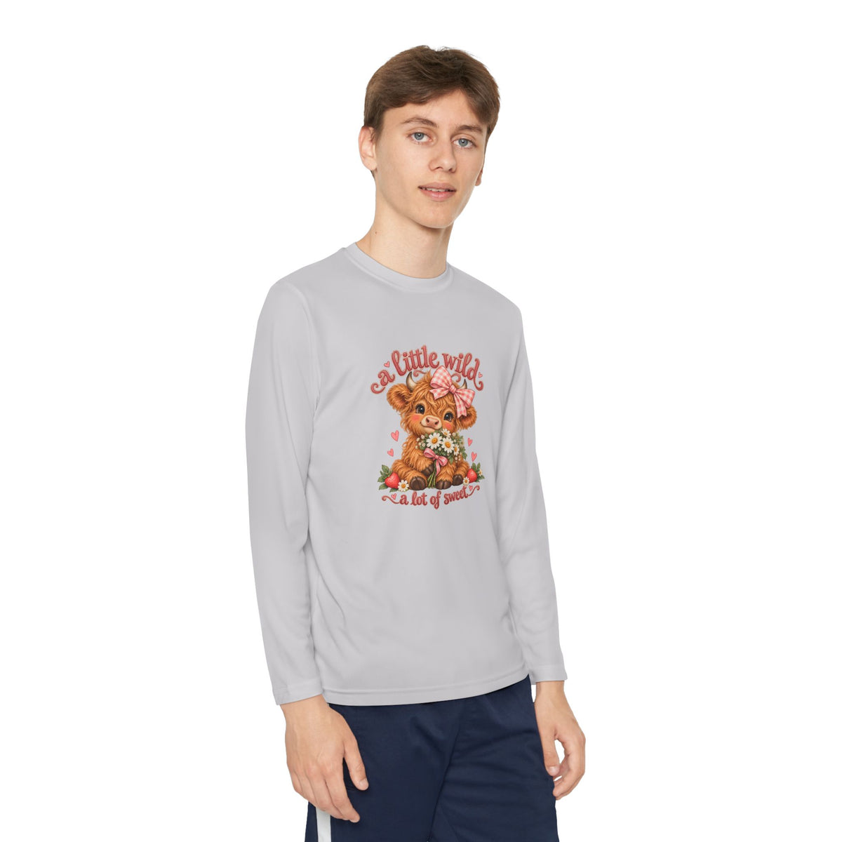 Youth Long Sleeve Tee — 'A Little Wild' Cute Highland Cow Floral Graphic