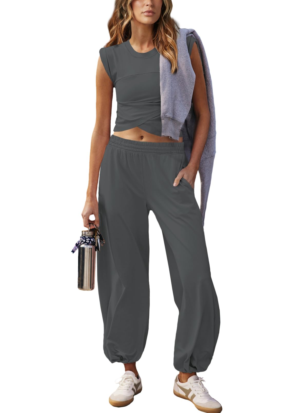 Outfeel Women 2 Piece Outfit Set Loungewear Cropped Tops and Jogger Sweatpant Matching Set Coordinated Sweatsuit with Pockets