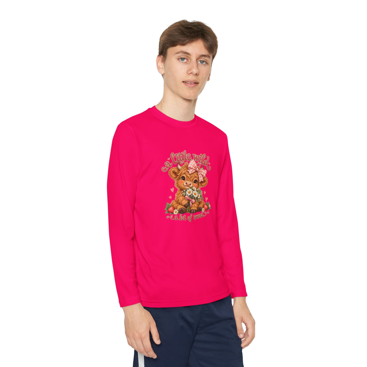 Youth Long Sleeve Tee — 'A Little Wild' Cute Highland Cow Floral Graphic