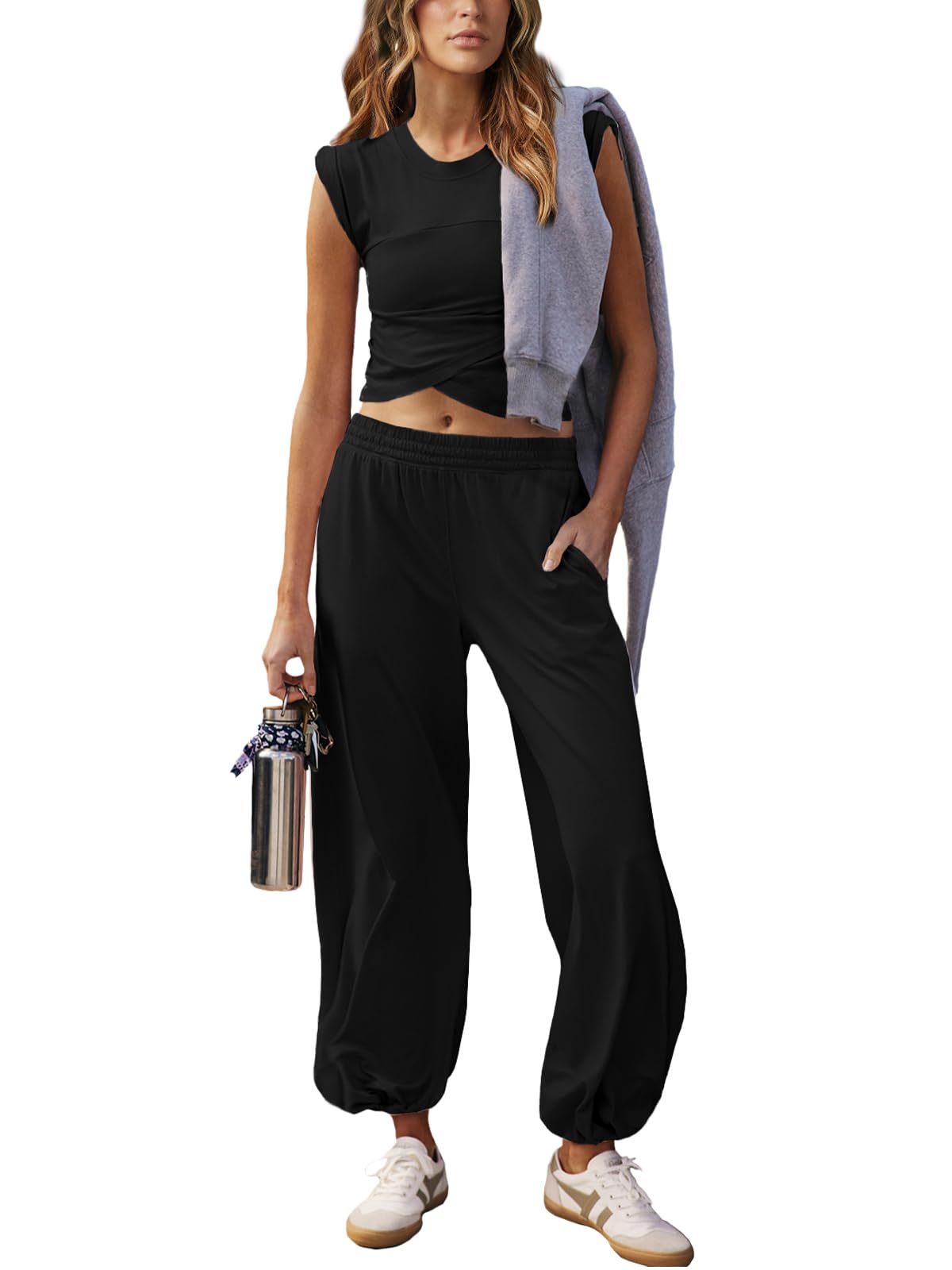 Outfeel Women 2 Piece Outfit Set Loungewear Cropped Tops and Jogger Sweatpant Matching Set Coordinated Sweatsuit with Pockets