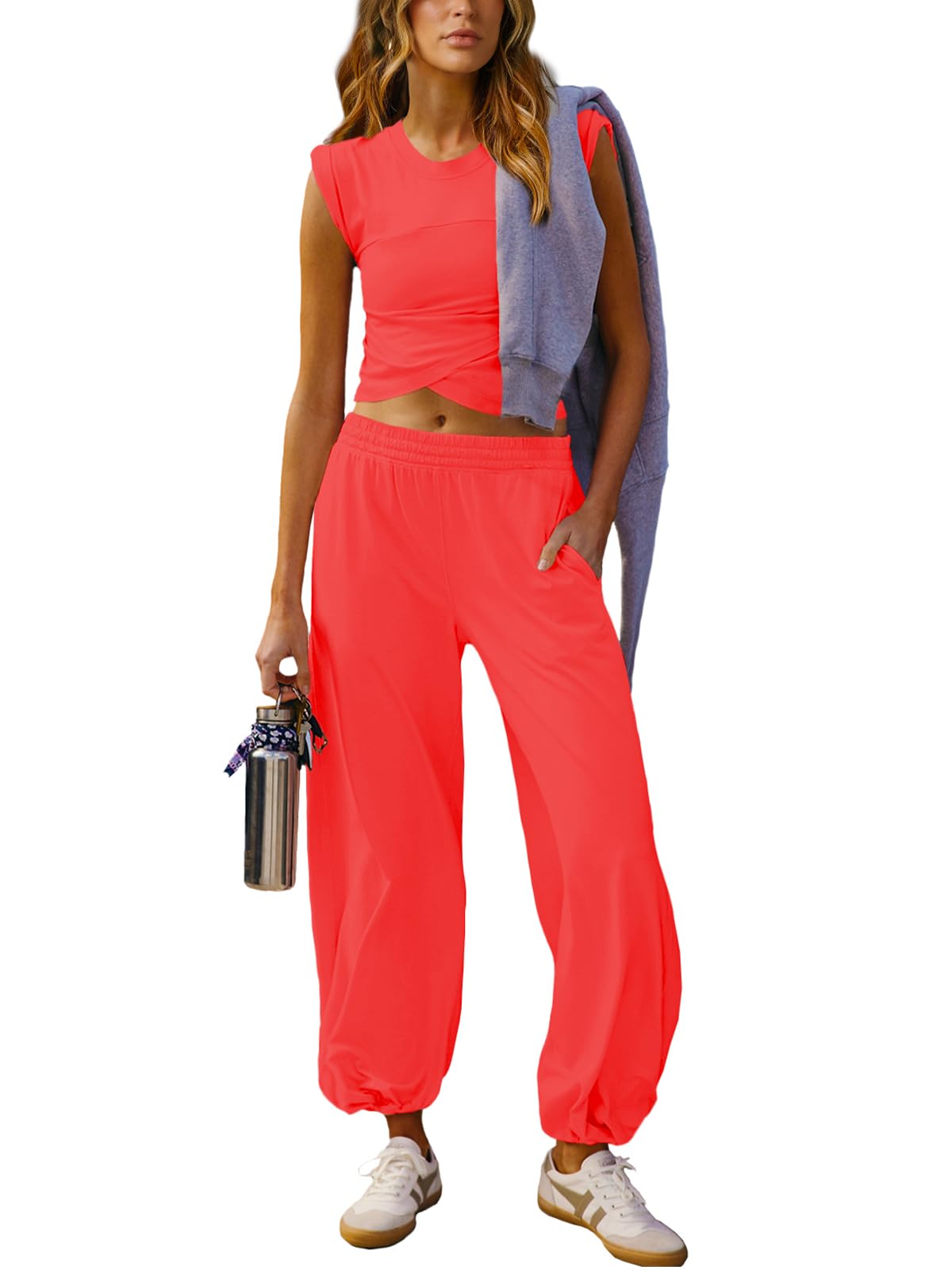 Outfeel Women 2 Piece Outfit Set Loungewear Cropped Tops and Jogger Sweatpant Matching Set Coordinated Sweatsuit with Pockets