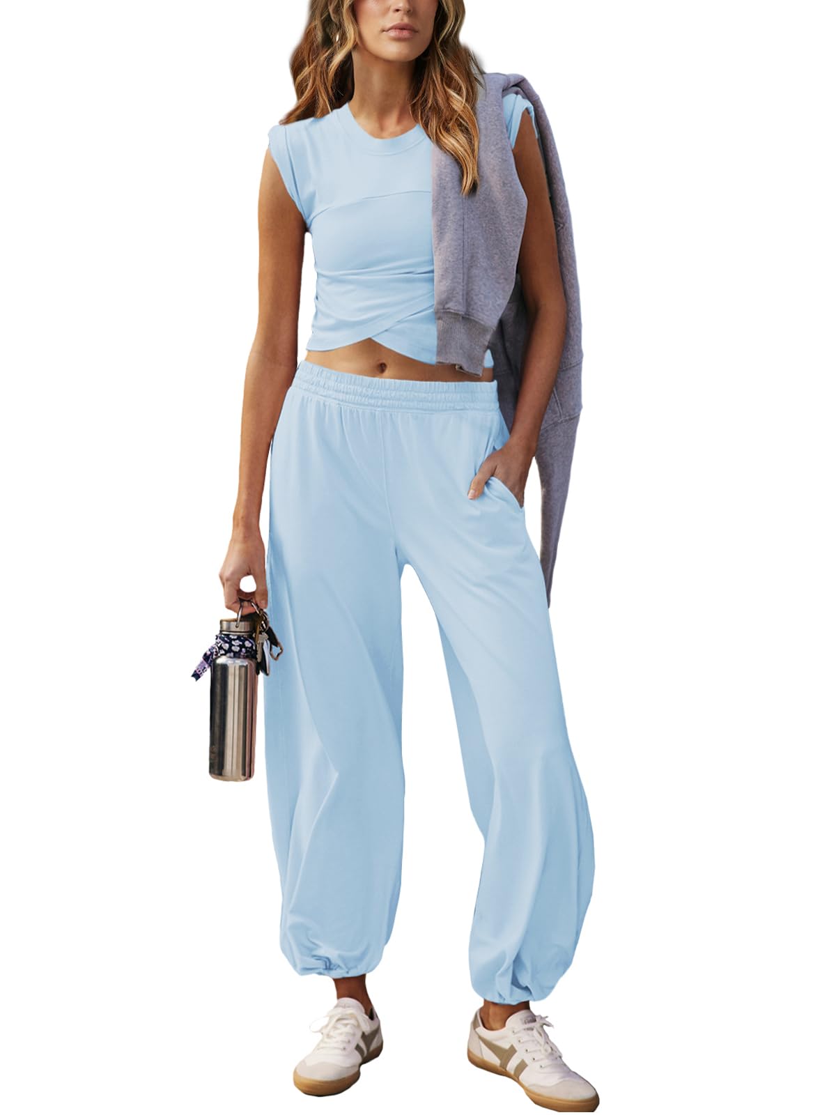 Outfeel Women 2 Piece Outfit Set Loungewear Cropped Tops and Jogger Sweatpant Matching Set Coordinated Sweatsuit with Pockets