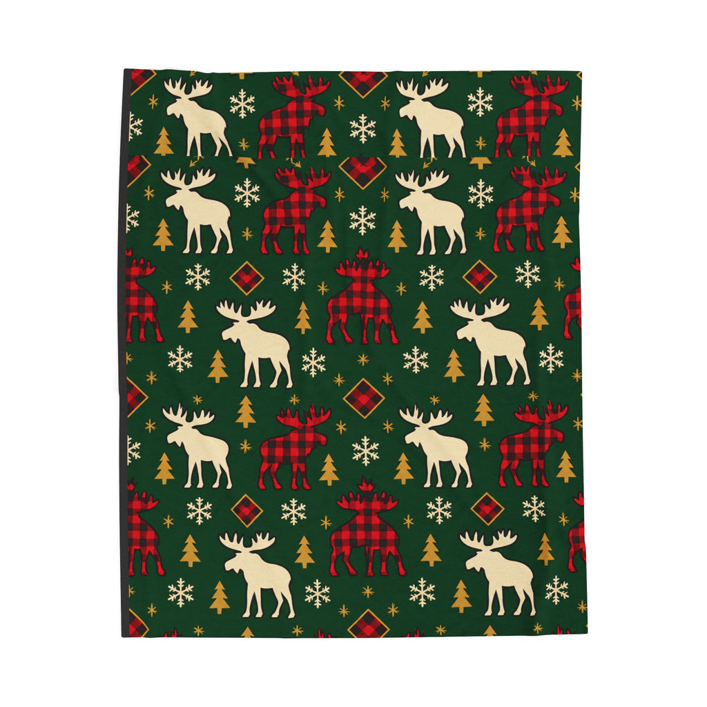 Christmas Moose Plush Blanket – Green Buffalo Plaid Holiday Throw