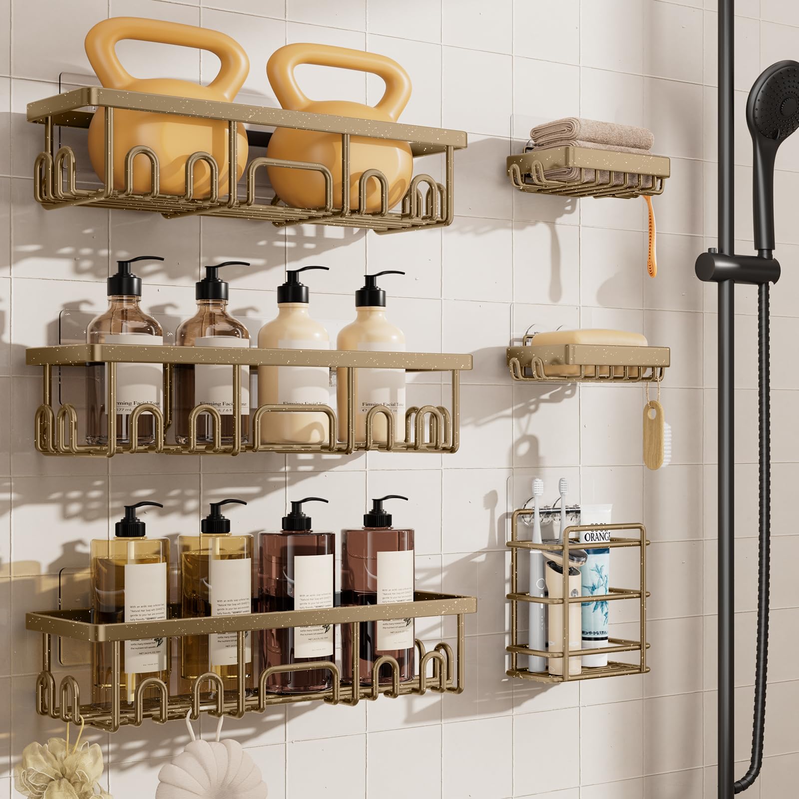 Veken Shower Caddy 6-Pack, Advanced Rustproof Design, No Drilling Adhesive Shelves, Rack with Soap Holder, Large Capacity Bathroom Organizers and Storage, Wall-Mounted Kitchen & Home Decor