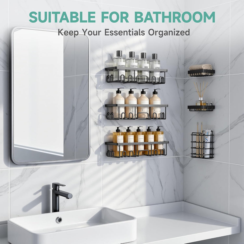 Veken Shower Caddy 6-Pack, Advanced Rustproof Design, No Drilling Adhesive Shelves, Rack with Soap Holder, Large Capacity Bathroom Organizers and Storage, Wall-Mounted Kitchen & Home Decor