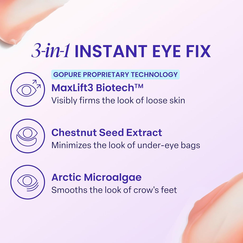 goPure NEW Instant Lift Eye Gel - For the look of Puffiness & Bags, Wrinkles, Fine Lines and Dark Circles, Anti Aging Skin Care for Men & Women with MaxLift3 Biotech Under Eye Brightener