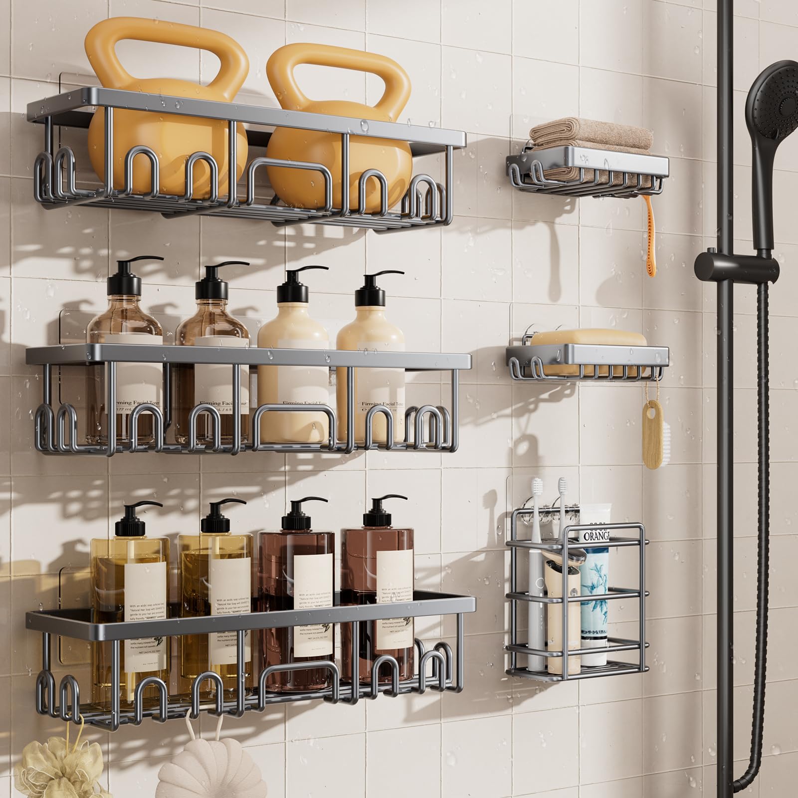 Veken Shower Caddy 6-Pack, Advanced Rustproof Design, No Drilling Adhesive Shelves, Rack with Soap Holder, Large Capacity Bathroom Organizers and Storage, Wall-Mounted Kitchen & Home Decor