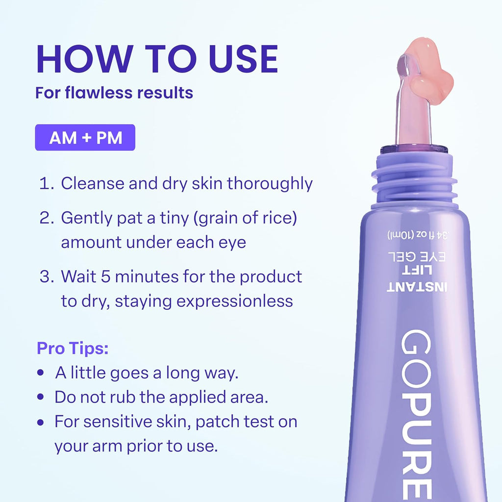 goPure NEW Instant Lift Eye Gel - For the look of Puffiness & Bags, Wrinkles, Fine Lines and Dark Circles, Anti Aging Skin Care for Men & Women with MaxLift3 Biotech Under Eye Brightener
