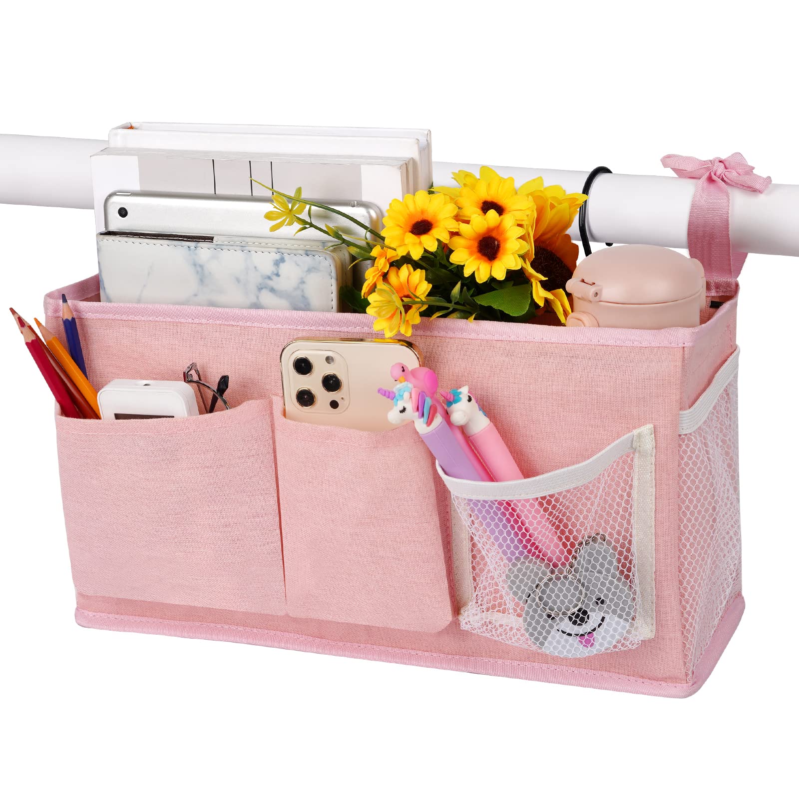 Loghot Bedside Caddy/Bedside Storage Bag Hanging Organizer for Bunk and Hospital Beds,Dorm Rooms Bed Rails,Can be Placed Glasses,Books,Mobile Phones,Keys (Light Pink)