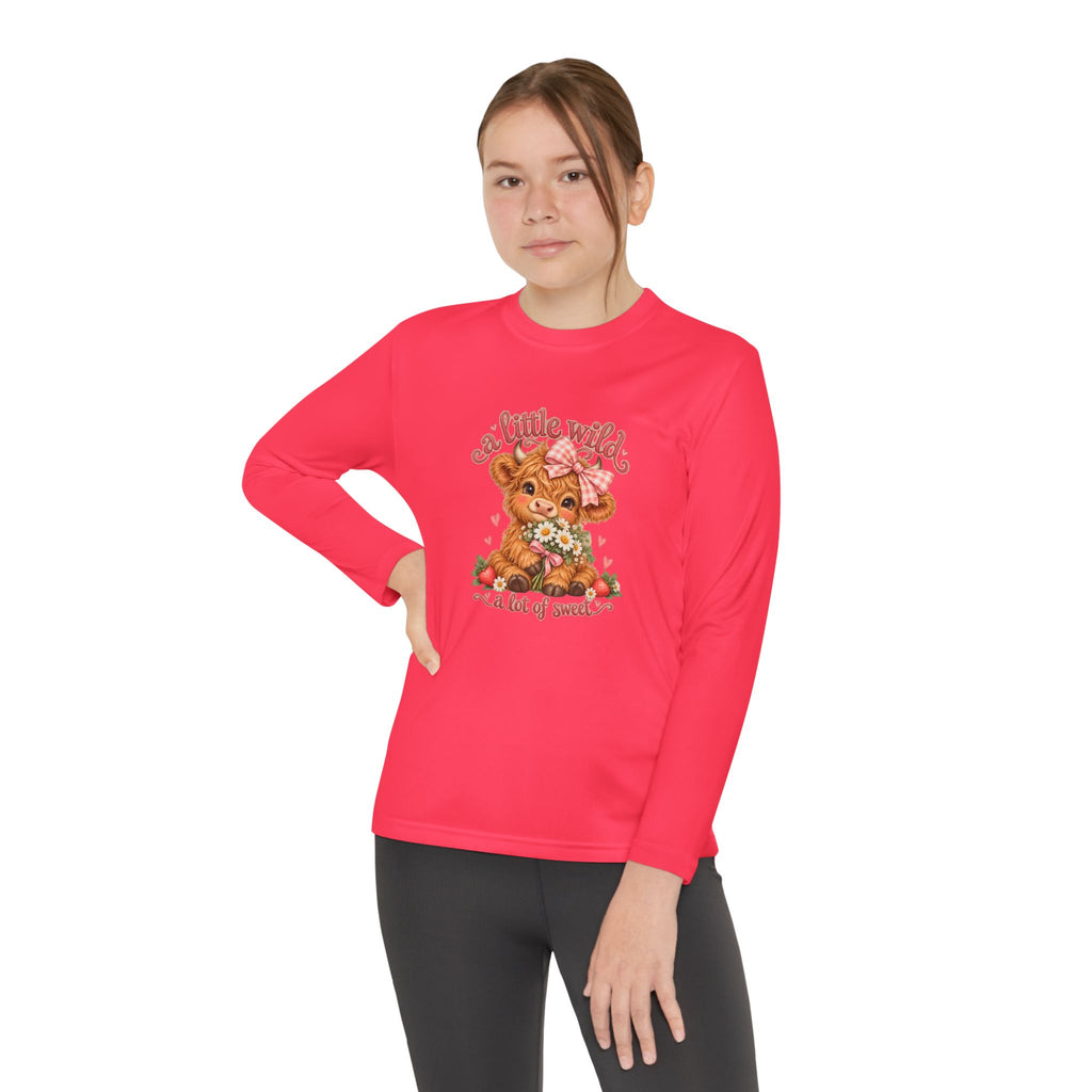 Youth Long Sleeve Tee — 'A Little Wild' Cute Highland Cow Floral Graphic