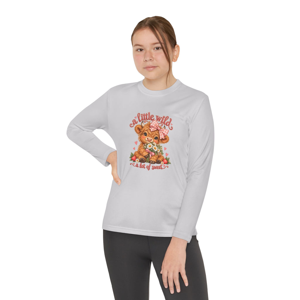 Youth Long Sleeve Tee — 'A Little Wild' Cute Highland Cow Floral Graphic