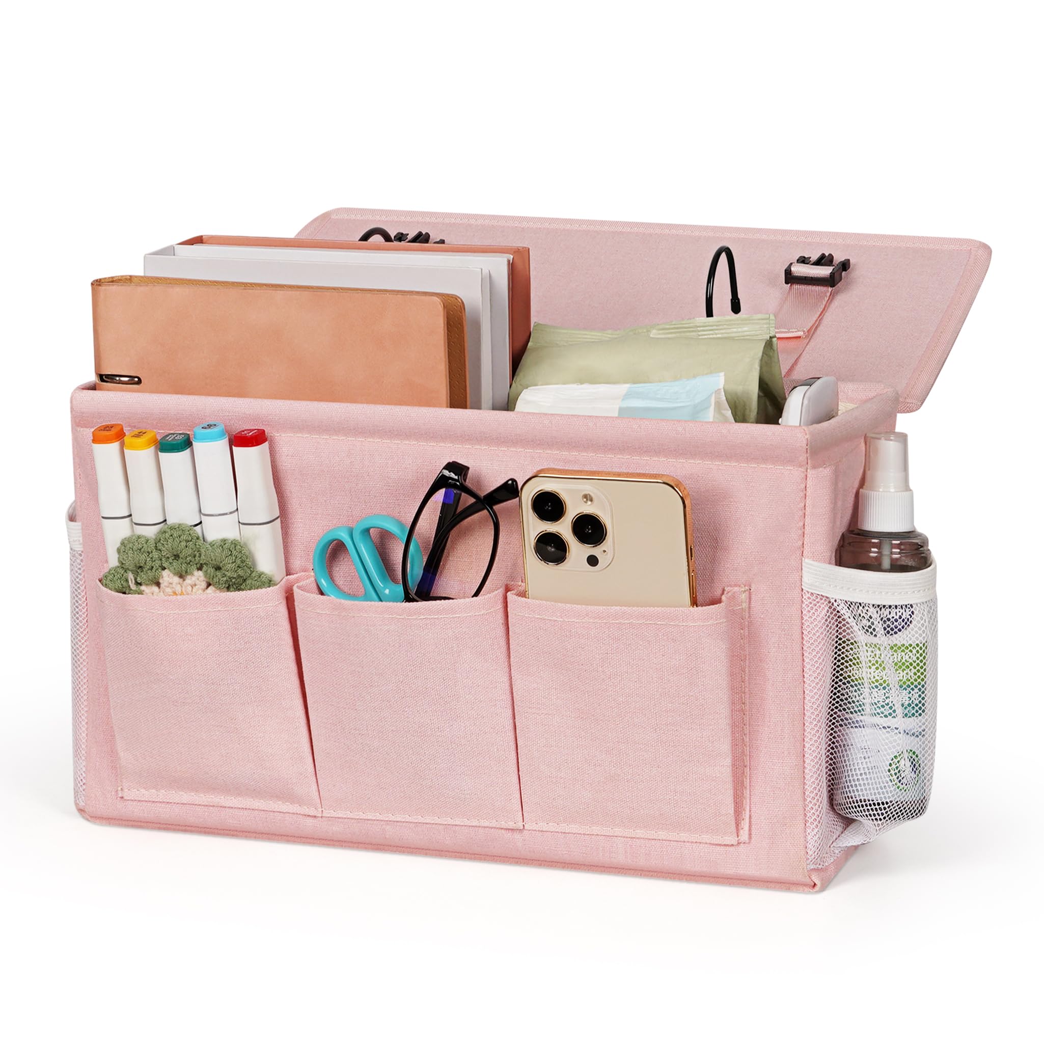 Loghot Bedside Caddy/Bedside Storage Bag Hanging Organizer for Bunk and Hospital Beds,Dorm Rooms Bed Rails,Can be Placed Glasses,Books,Mobile Phones,Keys (Light Pink)