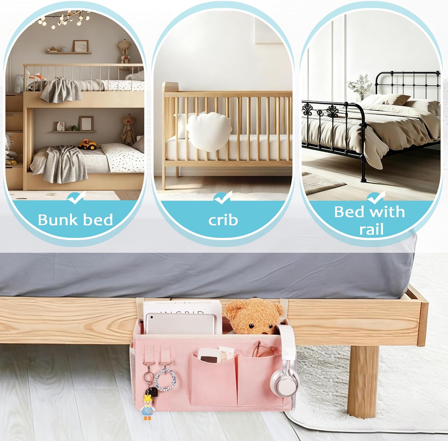 Loghot Bedside Caddy/Bedside Storage Bag Hanging Organizer for Bunk and Hospital Beds,Dorm Rooms Bed Rails,Can be Placed Glasses,Books,Mobile Phones,Keys (Light Pink)