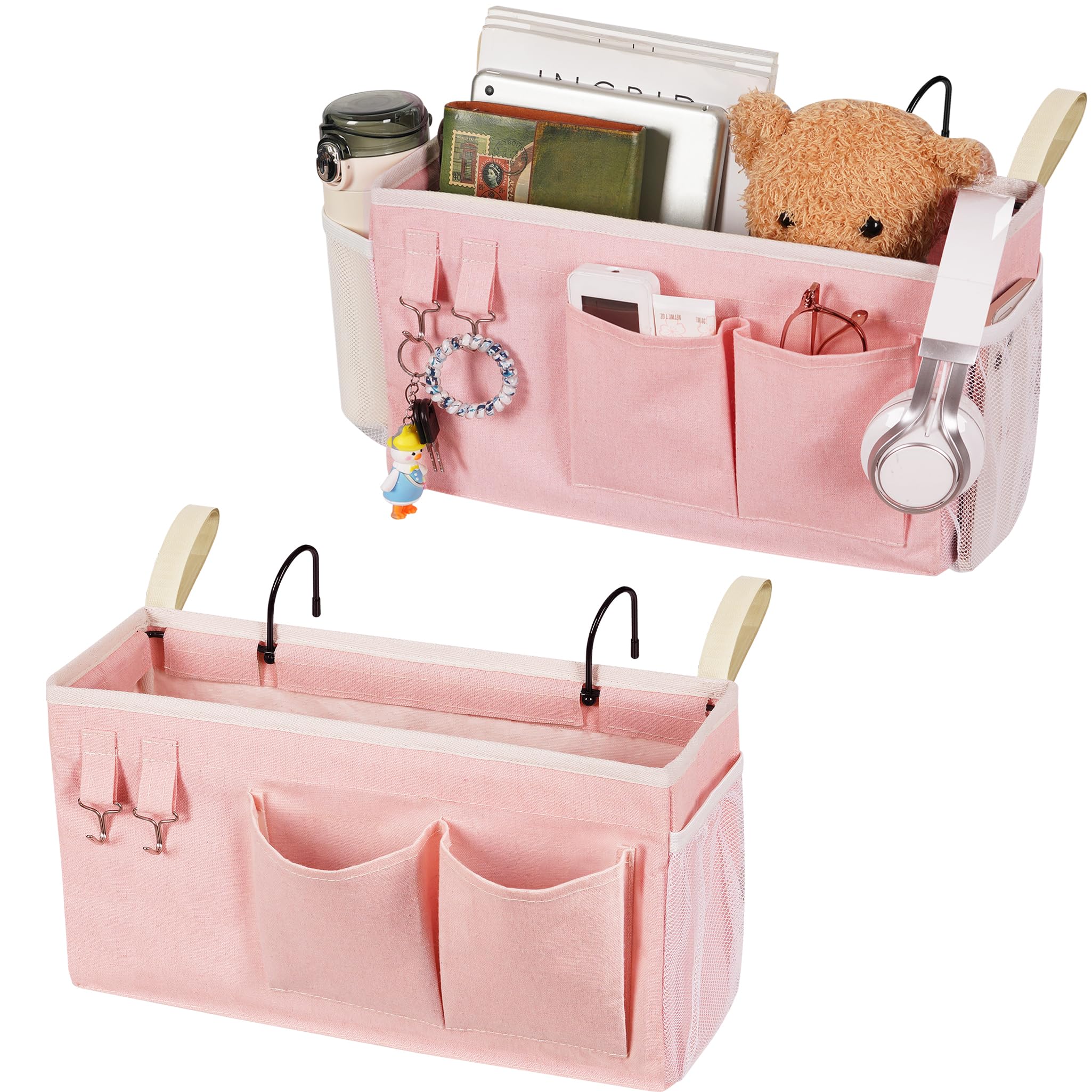 Loghot Bedside Caddy/Bedside Storage Bag Hanging Organizer for Bunk and Hospital Beds,Dorm Rooms Bed Rails,Can be Placed Glasses,Books,Mobile Phones,Keys (Light Pink)