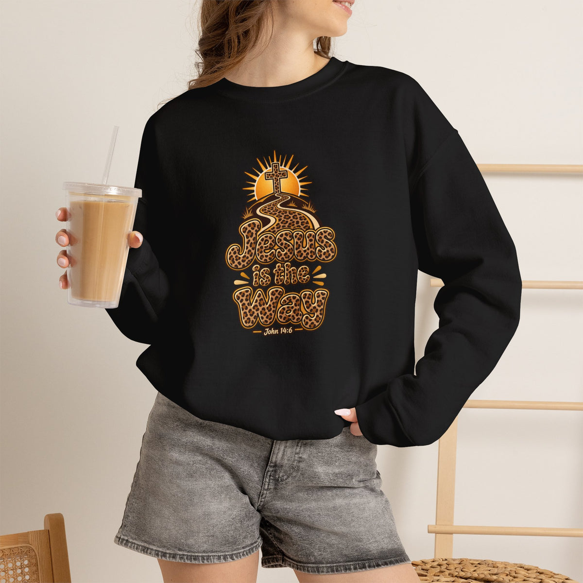 Christian Cross Leopard Print Crewneck Sweatshirt