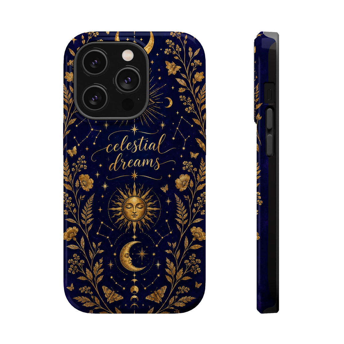 A dark navy blue phone case with a gold celestial print, shown from the back and side on a plain white background. The back features a gold sun, moon, stars, and floral pattern surrounding the words 'celestial dreams' in gold script.