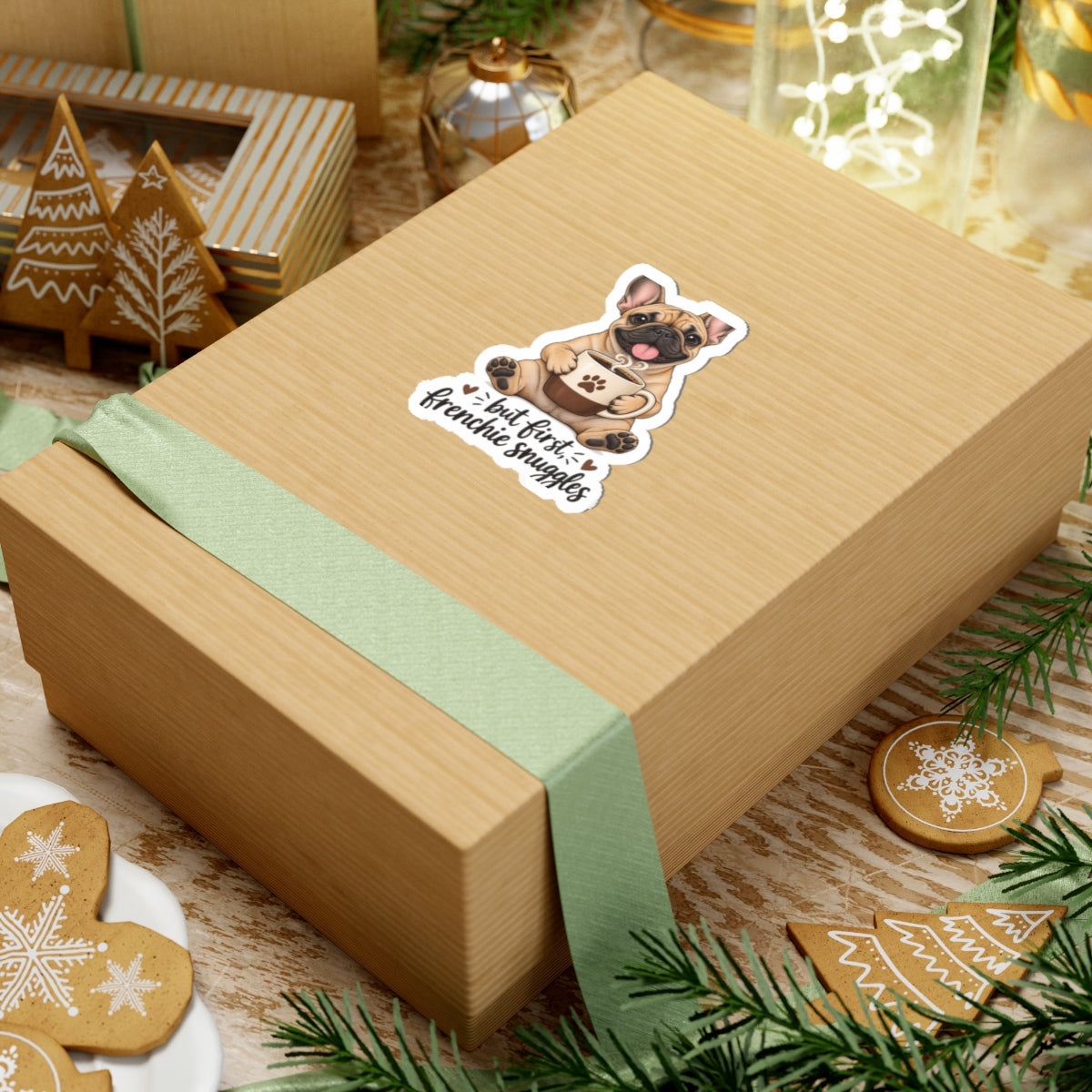 But First Frenchie Snuggles Sticker — Cute French Bulldog Laptop Decal