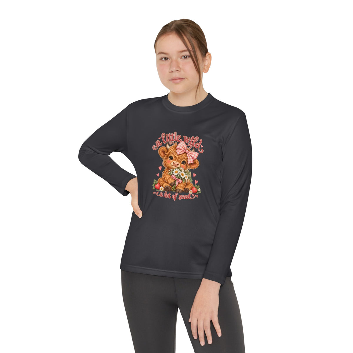 Youth Long Sleeve Tee — 'A Little Wild' Cute Highland Cow Floral Graphic