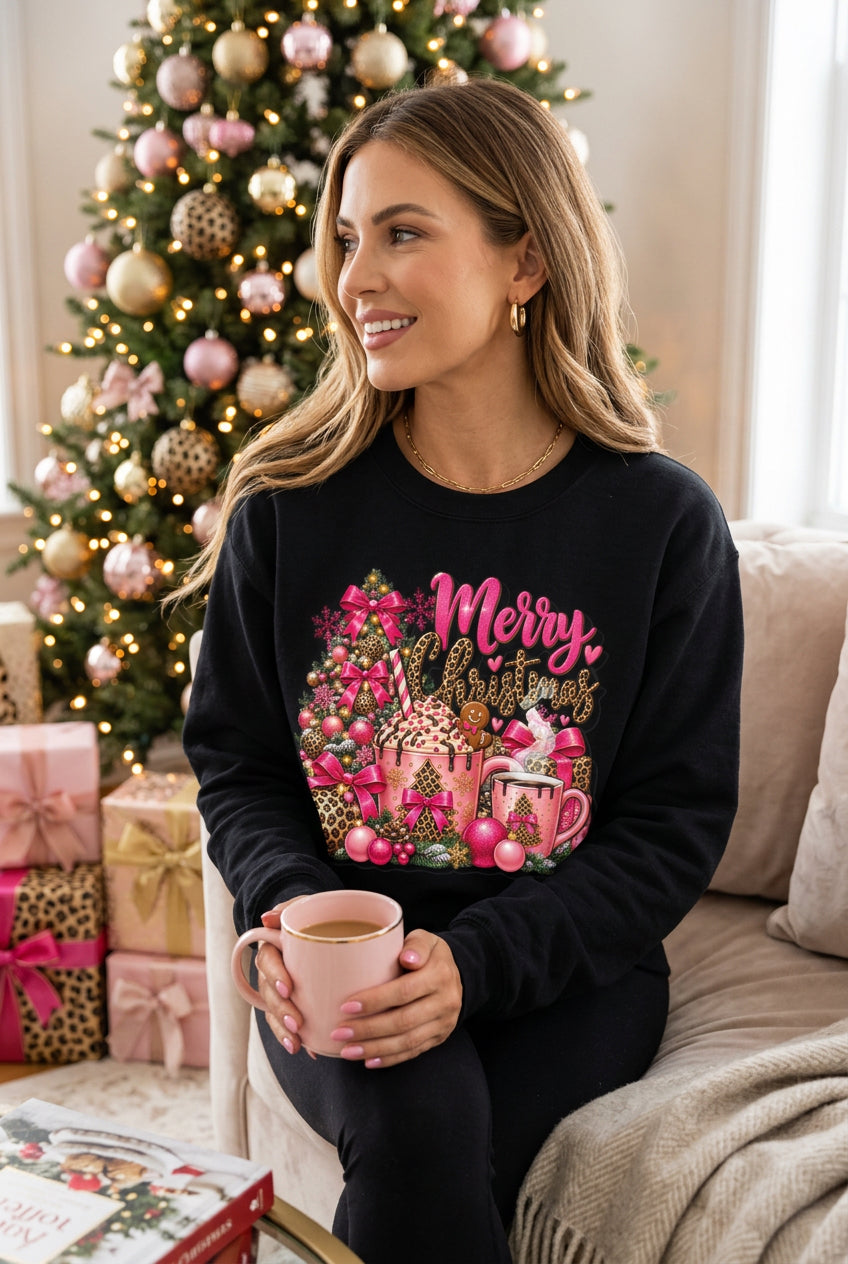 Merry Christmas Pink Leopard Holiday Long Sleeve T-Shirt
