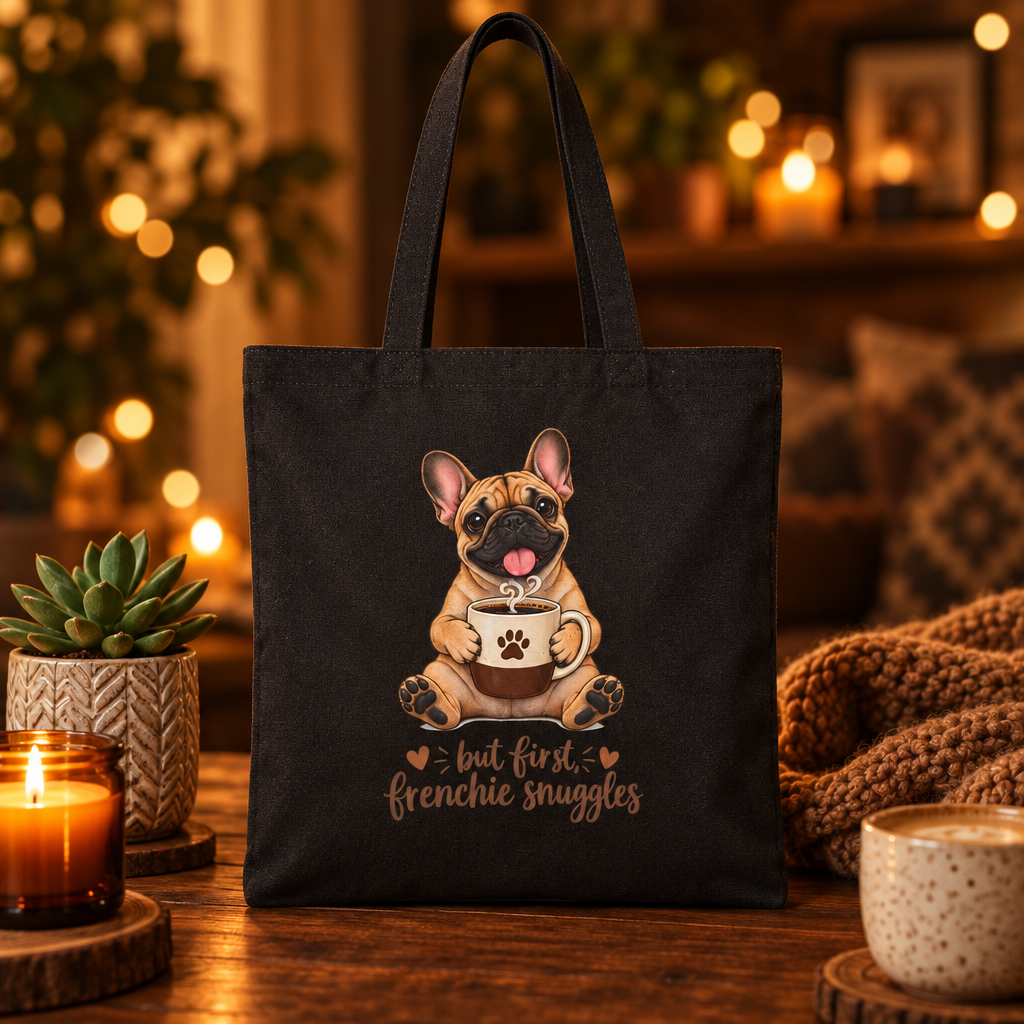 Cotton Tote Bag — "But First, Frenchie Snuggles" Cute French Bulldog Grocery/Market Tote